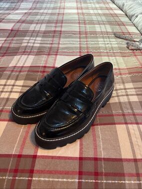Franco Sarto Glossy Black Penny Loafers with Lug Sole